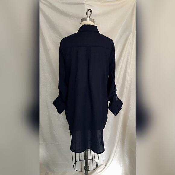 Double Zero Navy Blue Black High Low Semi Sheer Button Shirt M - Picture 7 of 10